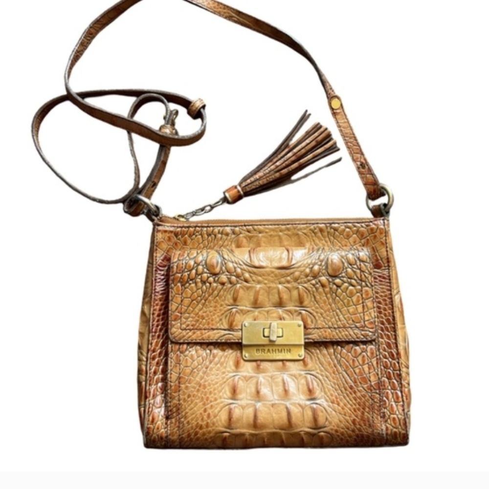 Brahmin Melbourne-Mimosa  Crocodile Embossed Leather Crossbody Bag Purse Pecan